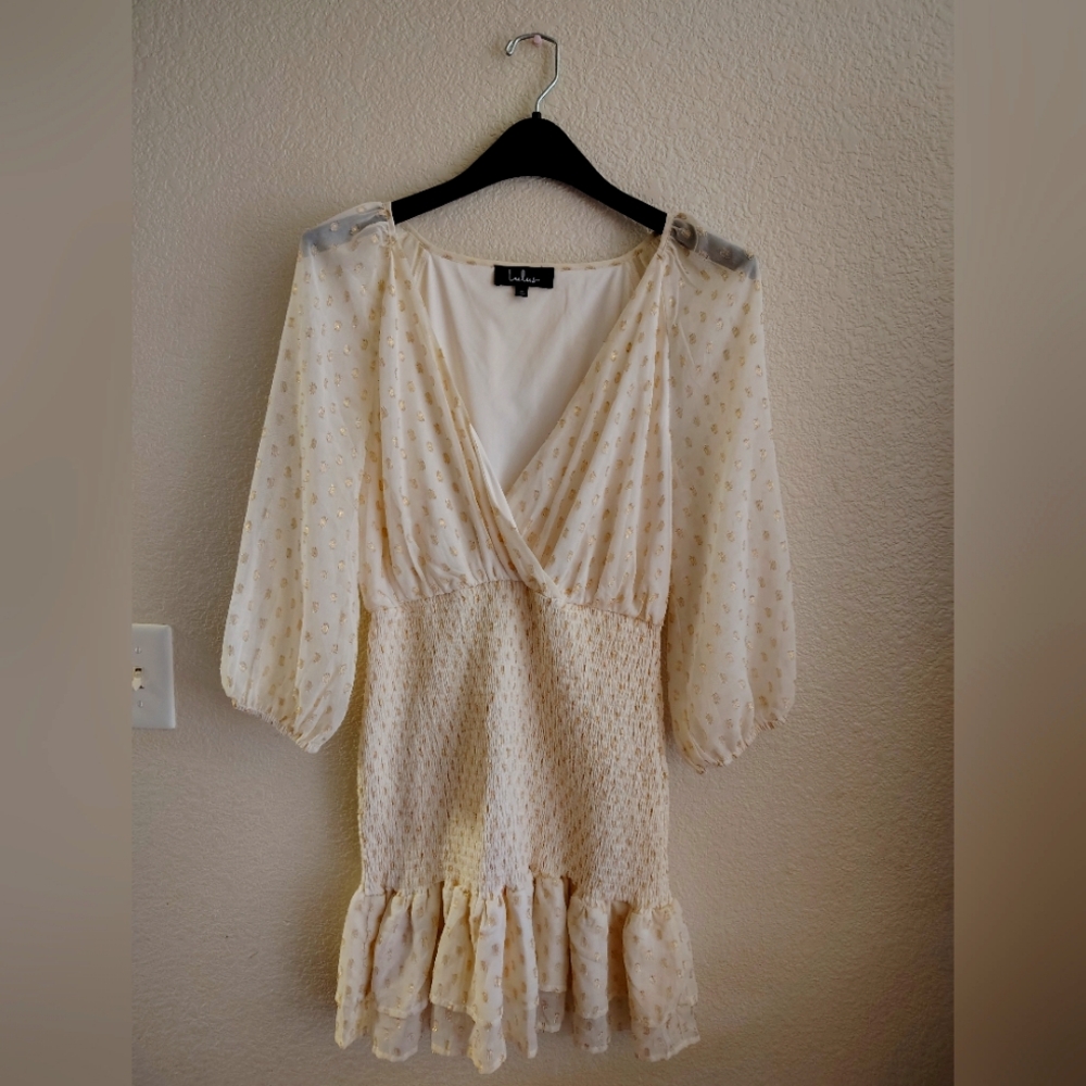 All The Cheers Cream and Gold Dotted Smocked Mini Dress